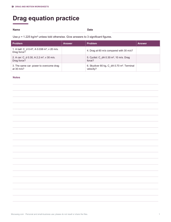 Preview of Printable Drag Formula Practice Sheet